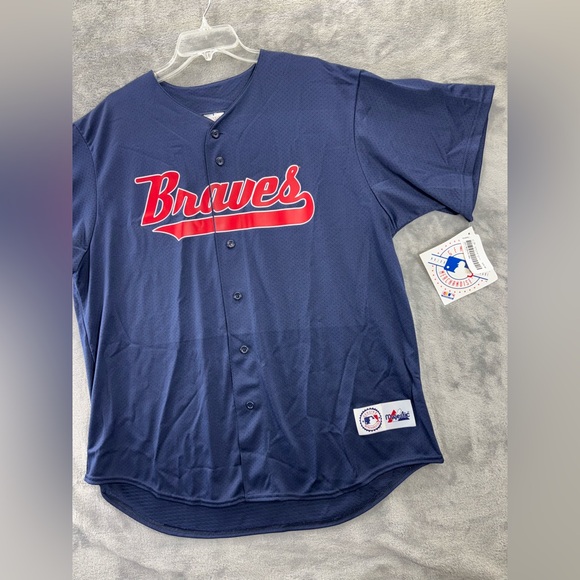 VTG NWT Atlanta Braves Majestic USA Made Jersey Adult XL Blue MLB Team Apparel - Picture 3 of 16